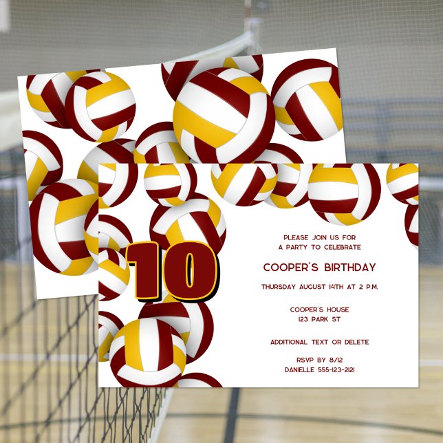 maroon gold volleyballs boys girls birthday party invitation (front & back views)
