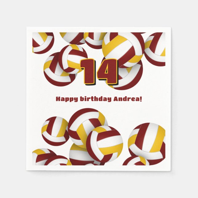 maroon gold volleyballs kids teens birthday party napkin (Front)