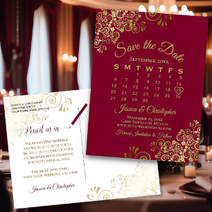 Maroon & Gold Wedding Save the Date Calendar Announcement Postcard