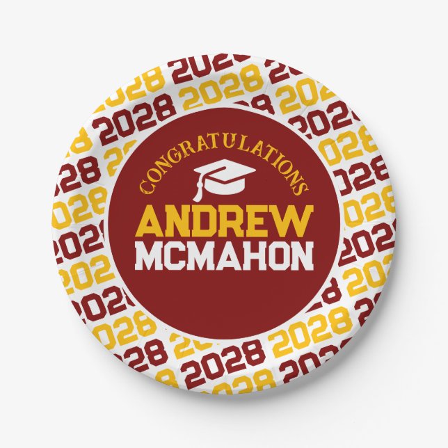 Maroon, Gold & White Graduation Personalised Paper Plate (Front)