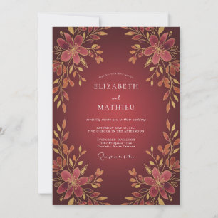 Maroon Golden Floral Wedding Invitation