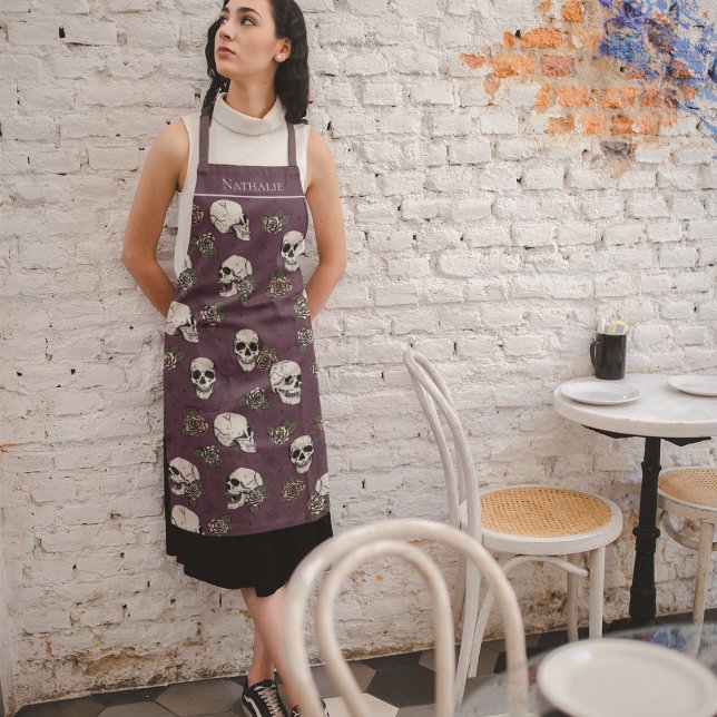 Maroon Gothic Skulls and Roses Custom Name Apron (Gothic Skulls and Blush Pink Roses Halloween Apron in Maroon Purple with Custom Name.)