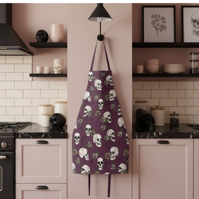 Maroon Gothic Skulls and Roses Floral Apron (Gothic Chic Skulls & Roses Apron For Her. Maroon Purple Halloween Floral Skull Pattern for Baking)