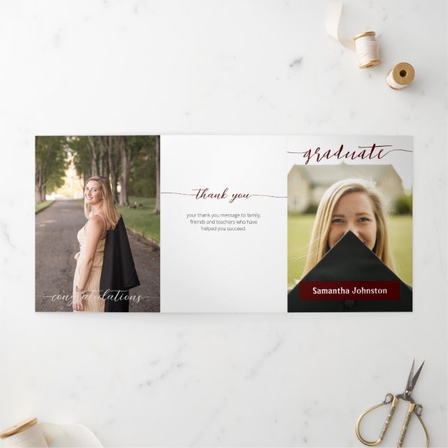 Maroon Graduate Script Modern Three Photo Tri-Fold Invitation (Outside)