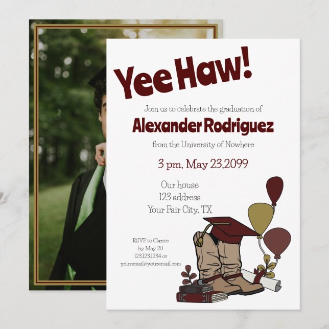 Maroon Graduation Cap Cowboy Boot Arrangement Invitation (Front/Back)
