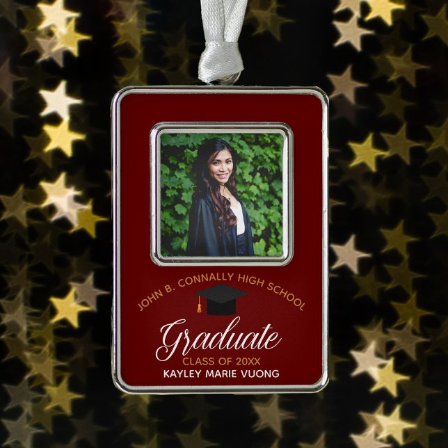 Maroon Graduation Custom 2025 Graduate Photo Silver Plated Framed Ornament (Creator Uploaded)