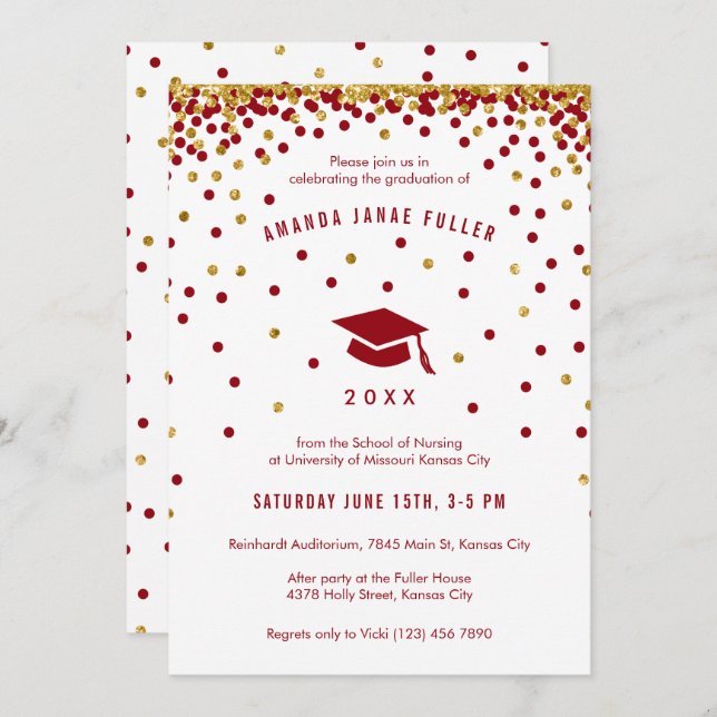 Maroon Graduation Invitation | Faux Gold Glitter (Front/Back)