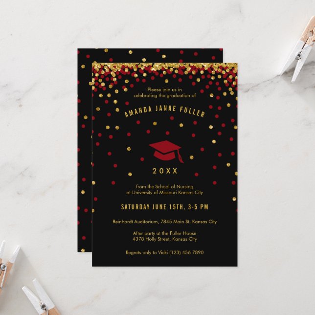 Maroon Graduation Invitation | Faux Gold Glitter (Front/Back In Situ)
