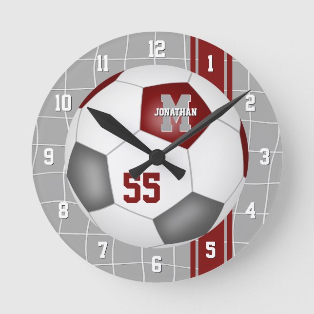 maroon gray team colors varsity stripes soccer round clock (Front)