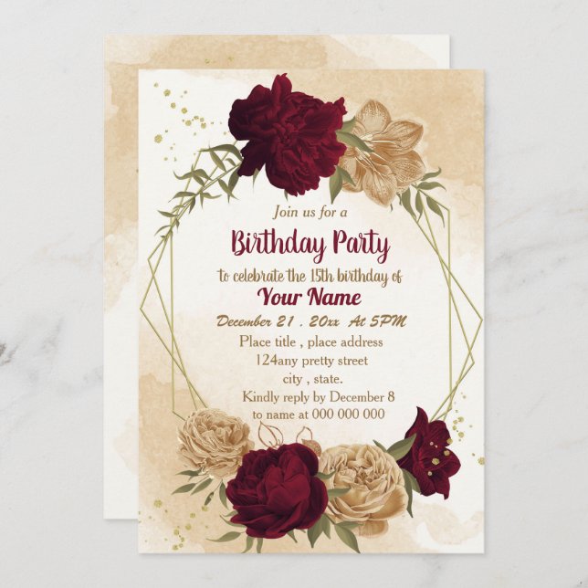Maroon green beige gold botanical birthday  invitation (Front/Back)