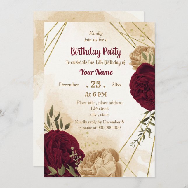 Maroon green beige gold botanical birthday  invitation (Front/Back)