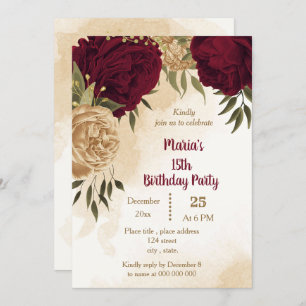 Maroon green beige gold botanical birthday invitation