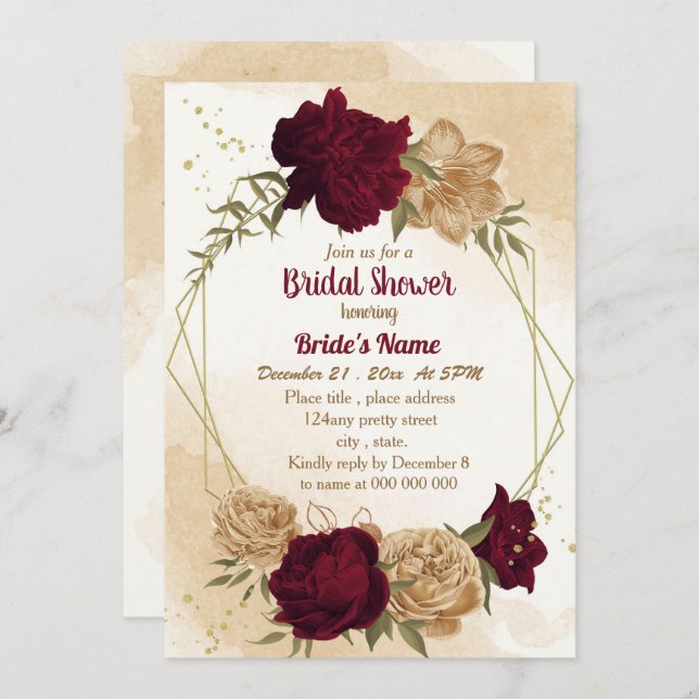 Maroon green beige gold botanical bridal shower invitation (Front/Back)