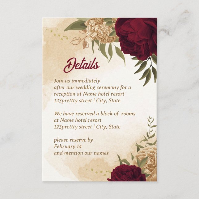 Maroon green beige gold botanical enclosure card (Front)