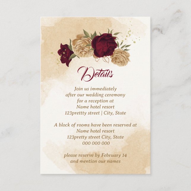 Maroon green beige gold botanical enclosure card (Front)
