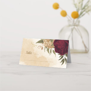 Maroon green beige gold botanical place card