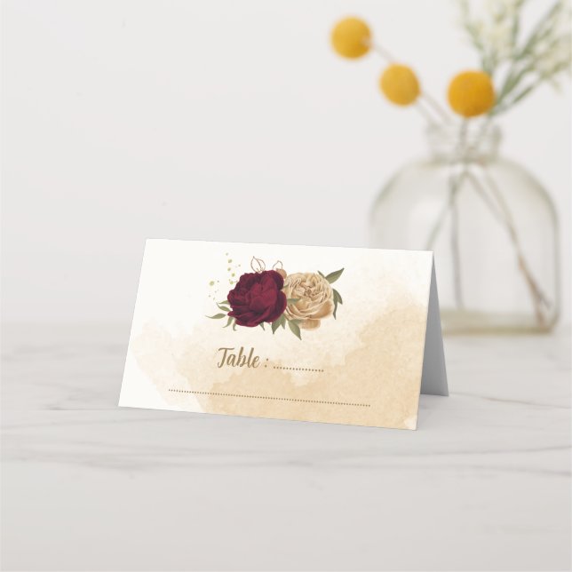 Maroon green beige gold botanical place card (Front)