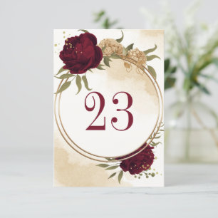 Maroon green beige gold botanical table number