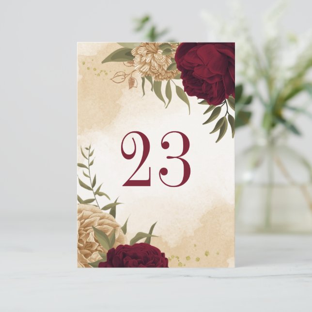 Maroon green beige gold botanical table number (Standing Front)