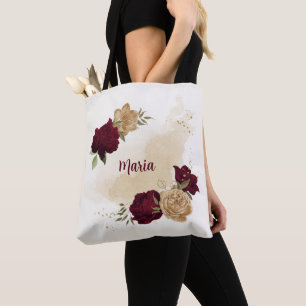 Maroon green beige gold botanical tote bag