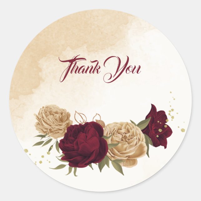 Maroon green beige gold botanical wedding classic round sticker (Front)