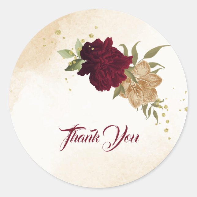 Maroon green beige gold botanical wedding classic round sticker (Front)