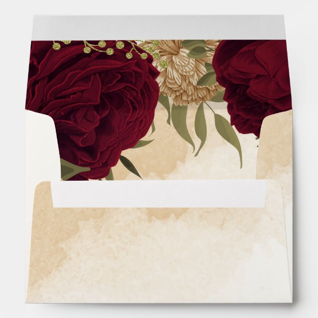 Maroon green beige gold botanical wedding envelope (Back (Bottom))