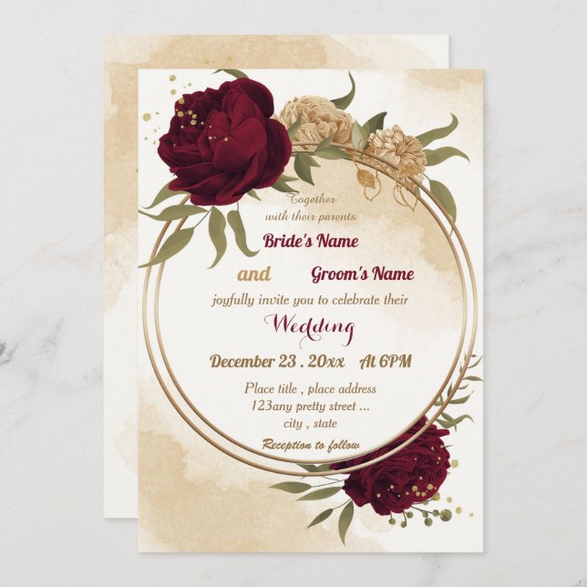 Maroon green beige gold botanical wedding invitation (Front/Back)
