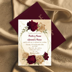 Maroon green beige gold botanical wedding invitation