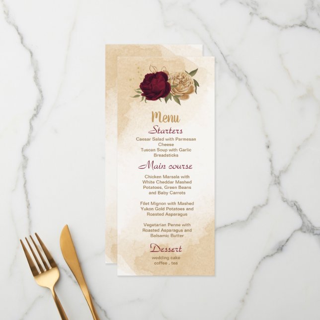 Maroon green beige gold botanical wedding menu (Front/Back In Situ)
