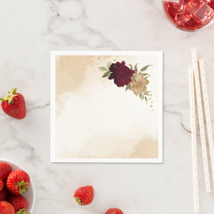 Maroon green beige gold botanical wedding napkin