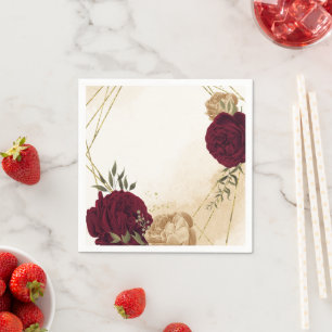 Maroon green beige gold botanical wedding napkin