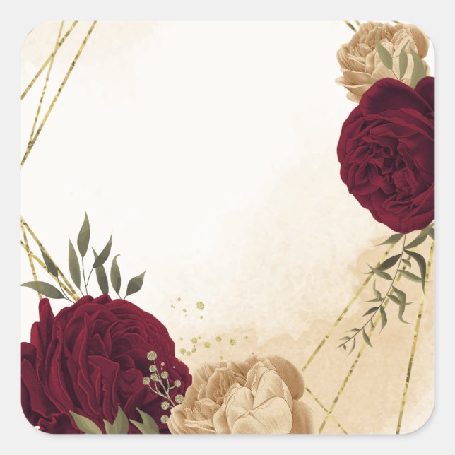 Maroon green beige gold botanical wedding square sticker (Front)