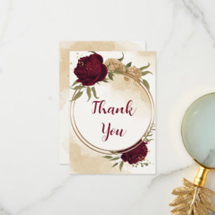Maroon green beige gold botanical wedding thank you card