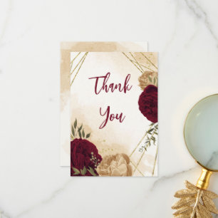 Maroon green beige gold botanical wedding thank you card