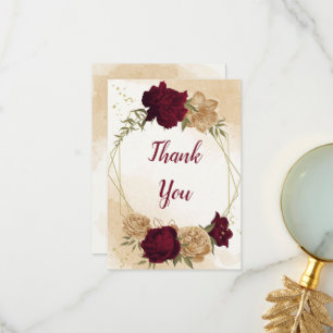 Maroon green beige gold botanical wedding thank you card