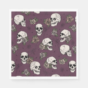Maroon Green Gothic Skulls and Roses Halloween Napkin