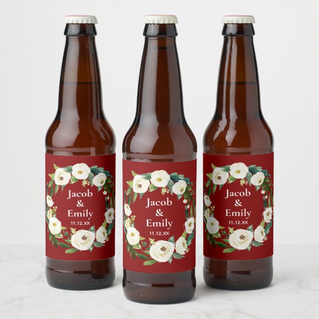 Maroon Greenery Personalised Names Date Wedding Beer Bottle Label (Bottles)