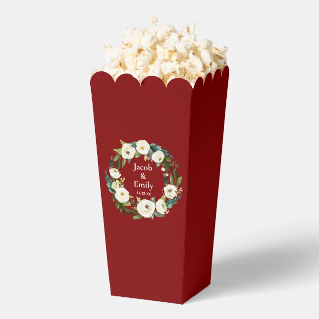 Maroon Greenery Personalised Names Date Wedding Favour Box (Popped)