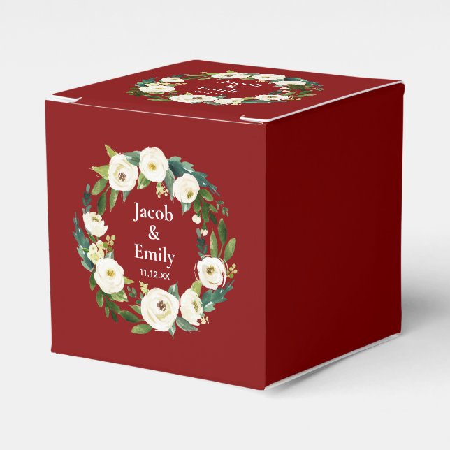 Maroon Greenery Personalised Names Date Wedding Favour Box (Front Side)