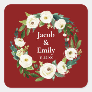 Maroon Greenery Personalised Names Date Wedding Square Sticker