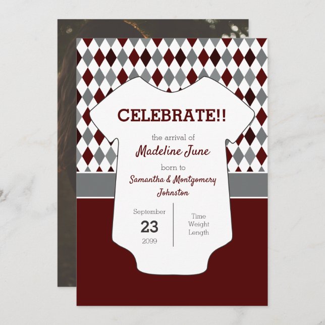 Maroon & Grey Argyle Pattern Baby Photo Announcement (Front/Back)