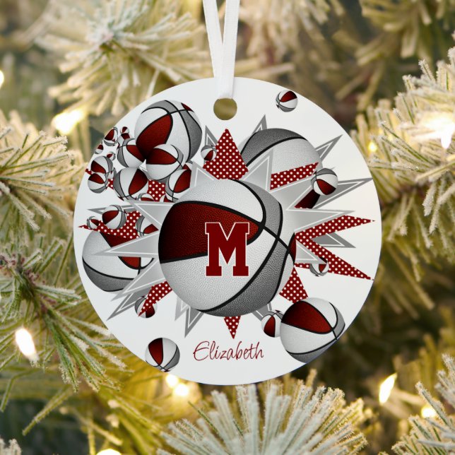 Maroon grey basketballs stars personalised  metal tree decoration (Insitu)