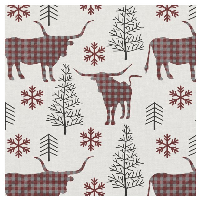 Maroon & Grey Buffalo Plaid Longhorn Pattern Fabric (Close Up)