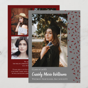 Maroon Grey Confetti Graduation Announcement