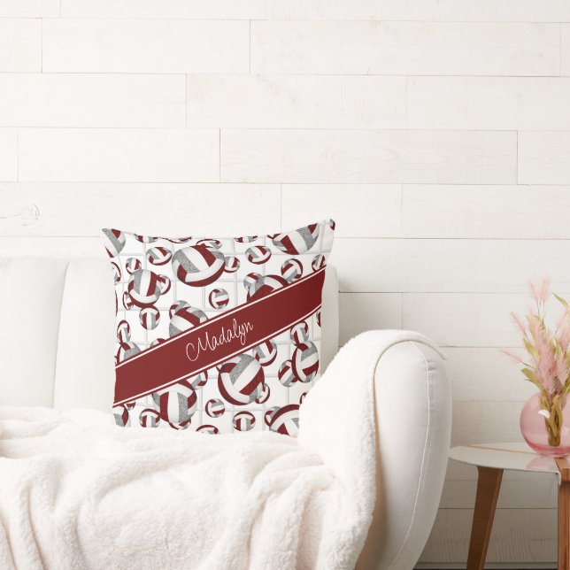 maroon grey girly volleyballs pattern net accent cushion (Couch)