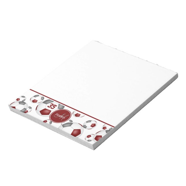 maroon grey soccer balls pattern monogrammed notepad (Rotated)