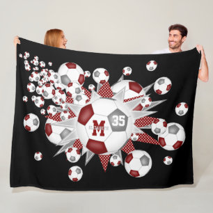 maroon grey soccer balls stars girls name fleece blanket