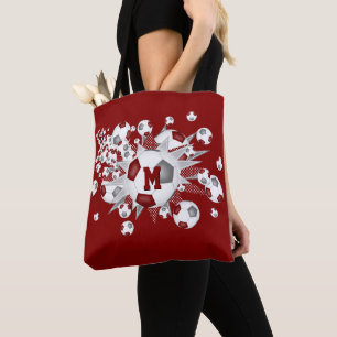 maroon grey soccer balls stars monogrammed tote bag