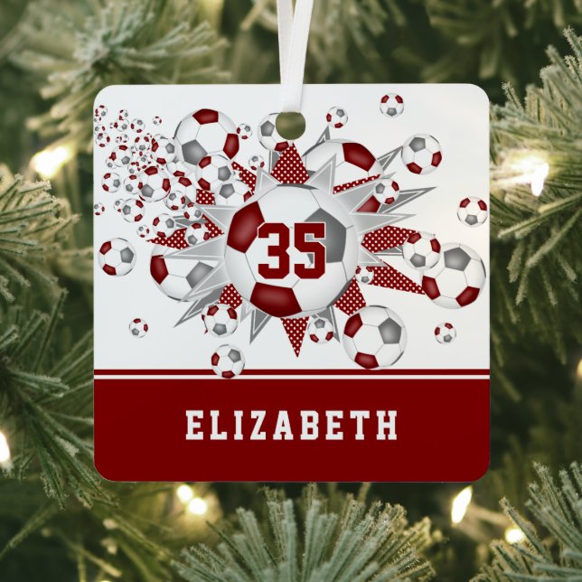 Maroon grey soccer balls stars personalised  metal tree decoration (Insitu)